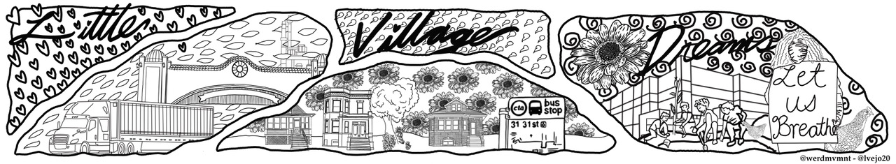 Individual sheets from the coloring book were selected to create a mural showcasing the community's reflections on what makes an environmentally just neighborhood.